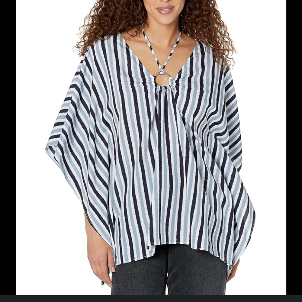 Michael Michael Kors Ikat Ring Flutter Striped Top Navy and White Size L/XL